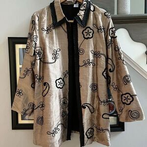 Bleu Bayou Tan & Black Silk Embroidered Jacket sz M EUC